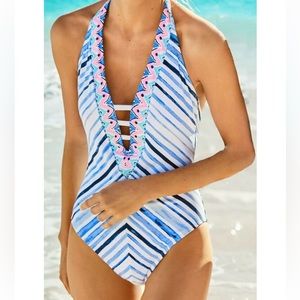 Lilly Pulitzer Loraline Seaside Vibes Stripe Lattice Halter One Piece Swimsuit